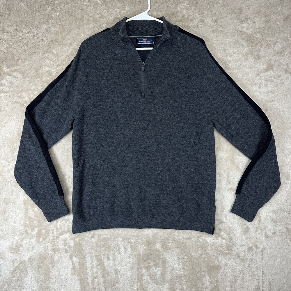 Vineyard Vines Sweater Mens Large Gray Merino Wool 1/4 Zip Mock Neck Pullover